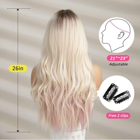 Ombre Blonde Wigs with Pink Purple Highlight 26 inches synthetic - Picture 4 of 6